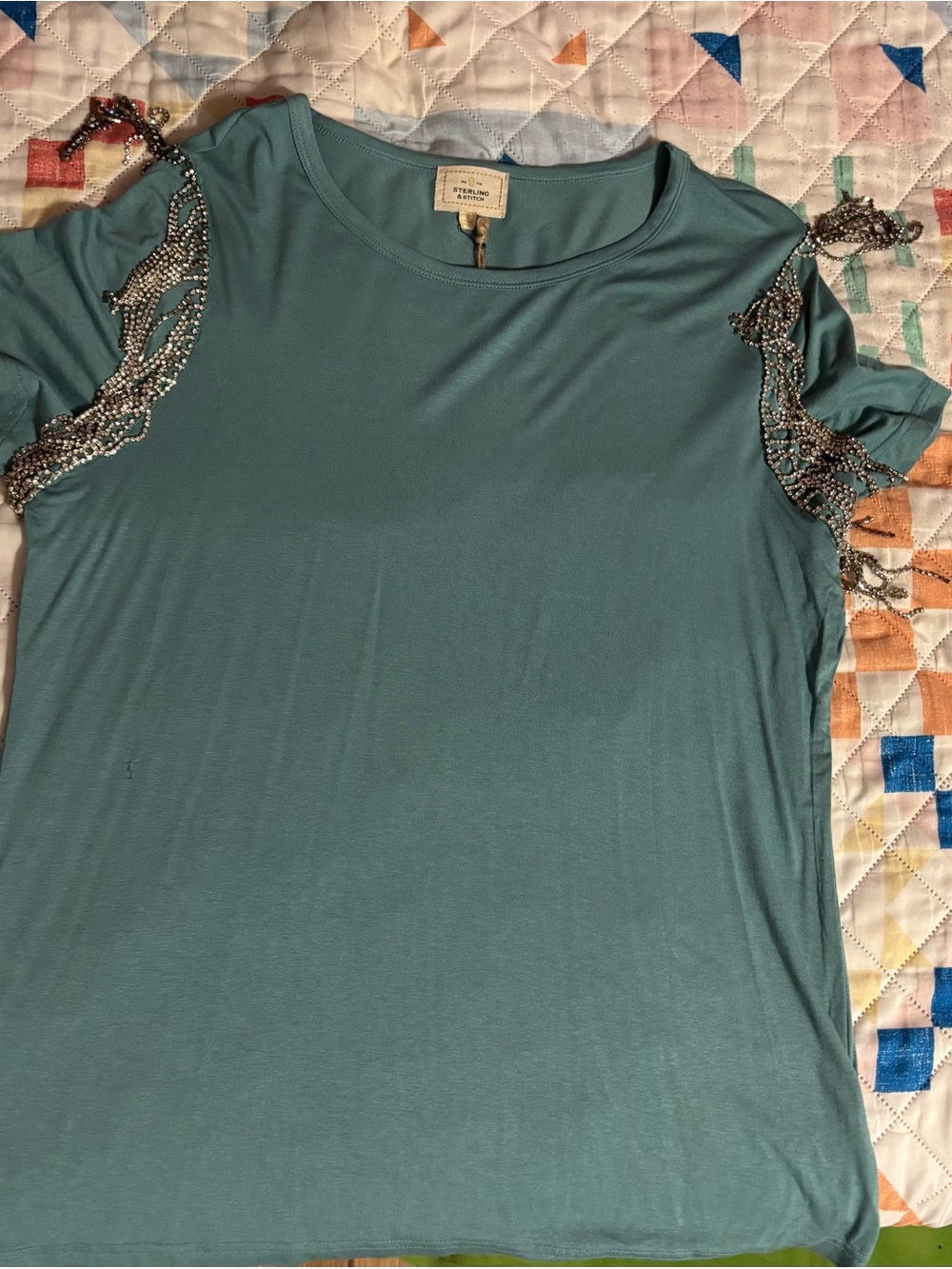 Buckle Teal Short Sleeve Top with Beaded Shoulder Trim